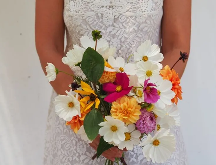 Bride holding a rustic, colorful bridal bouquet with white cosmos and yellow dahlias against a lace wedding dress.